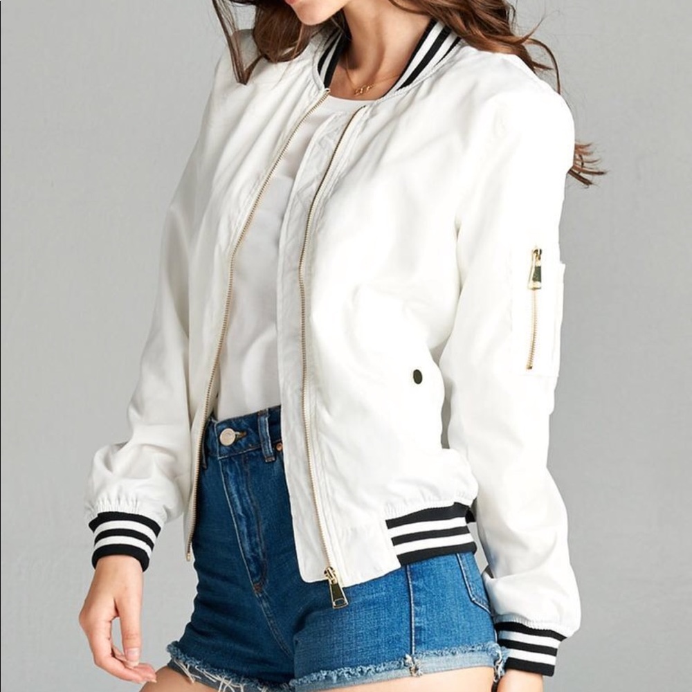 White Varsity Stripe Bomber
